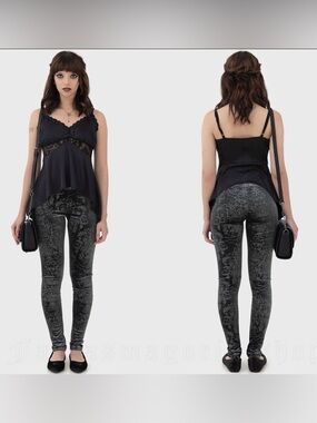 Lost Misery Leggings-Killstar Grey/Silver Damask Stretch Velvet Leggings